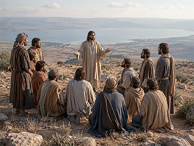 Jesus speaking to 11 disciples in Galilee